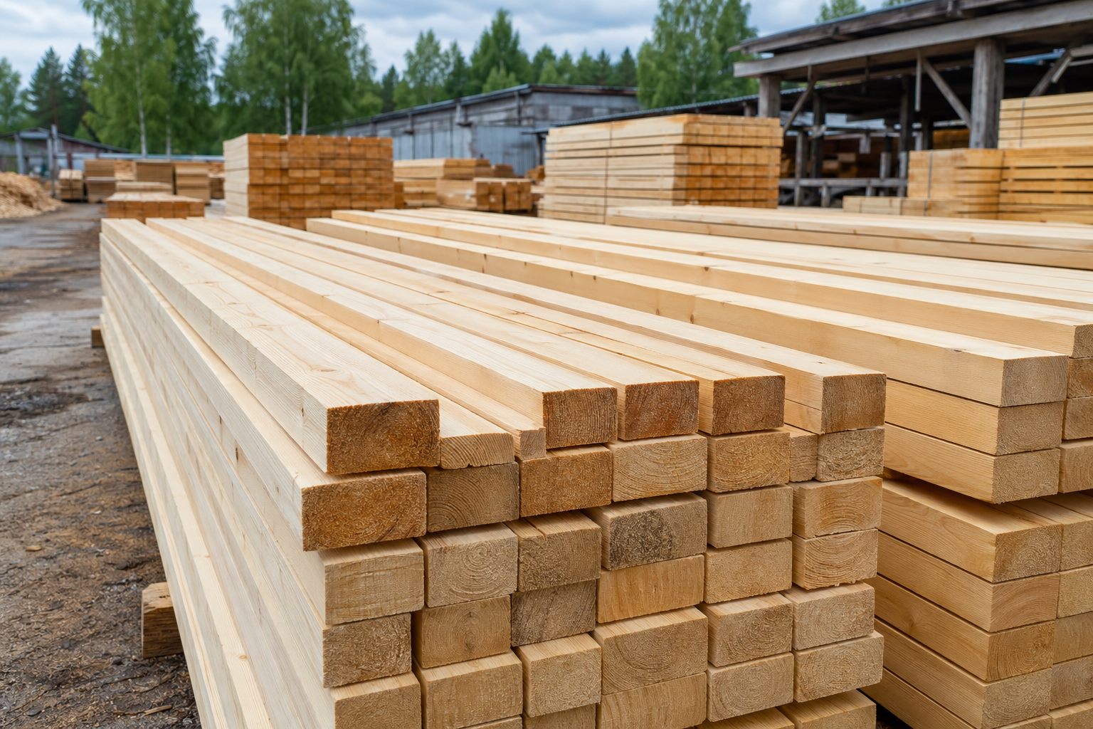 Штабеля доски на открытой площадке